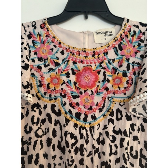 Savanna Jane Shorts Romper Womens Medium Cream Animal Print Embroidered Boho - Picture 3 of 8